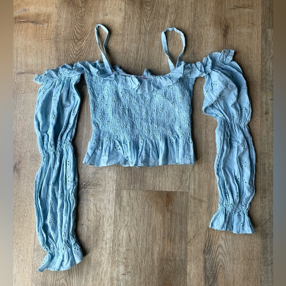 Allina Liu Blue Eyelet Off Shoulder Puff Sleeve Top Size XS Free People - Picture 4 of 7